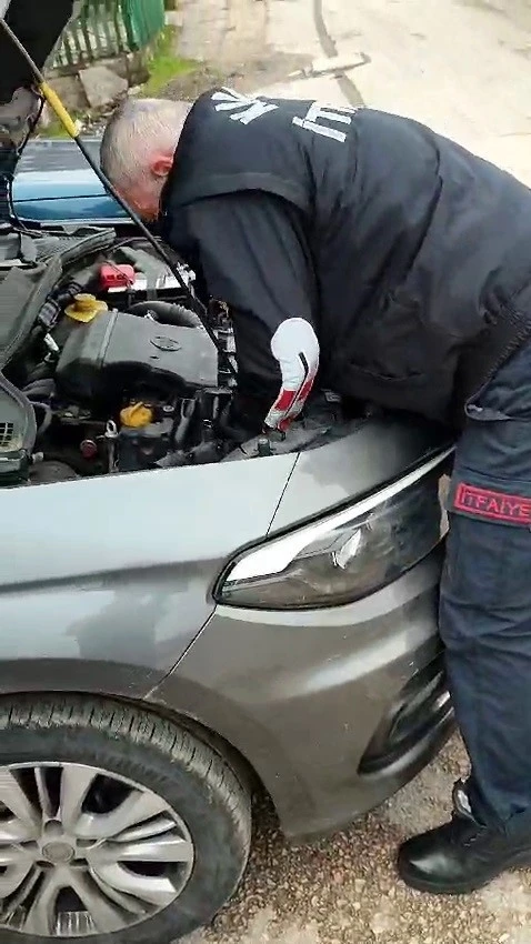 Otomobilin kaputuna giren kedi yavrusunu itfaiye ekipleri kurtardı
