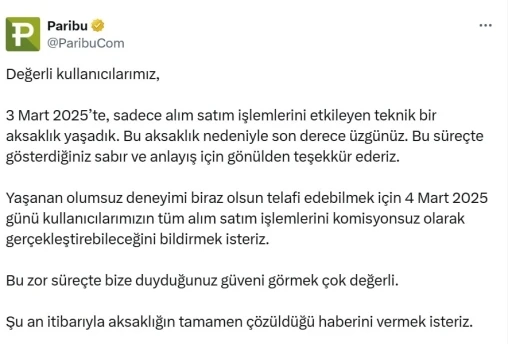 Paribu’dan alım satım işlemlerindeki 10 saatlik aksamaya ilişkin açıklama
