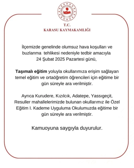 Sakarya’da bir ilçede taşımalı eğitime 1 gün ara verildi
