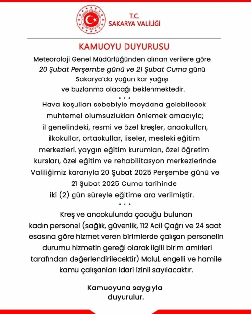 Sakarya’da kar sebebiyle eğitime 2 günlük ara
