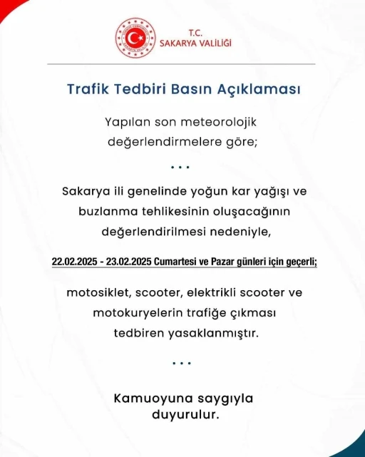 Sakarya’da motokuryelere trafiğe çıkma yasağı
