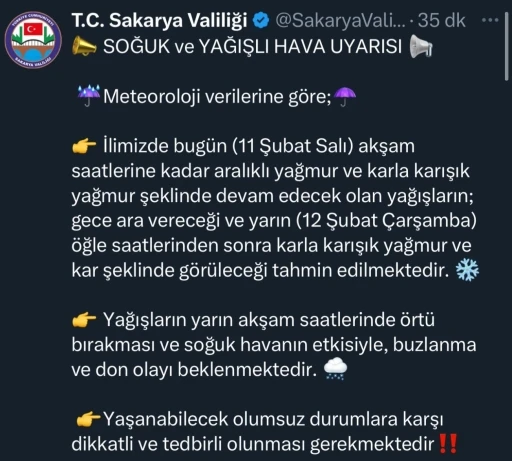 Sakarya’da soğuk ve yağışlı hava uyarısı
