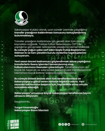 Sakaryaspor’un transfer yasağı resmen kalktı
