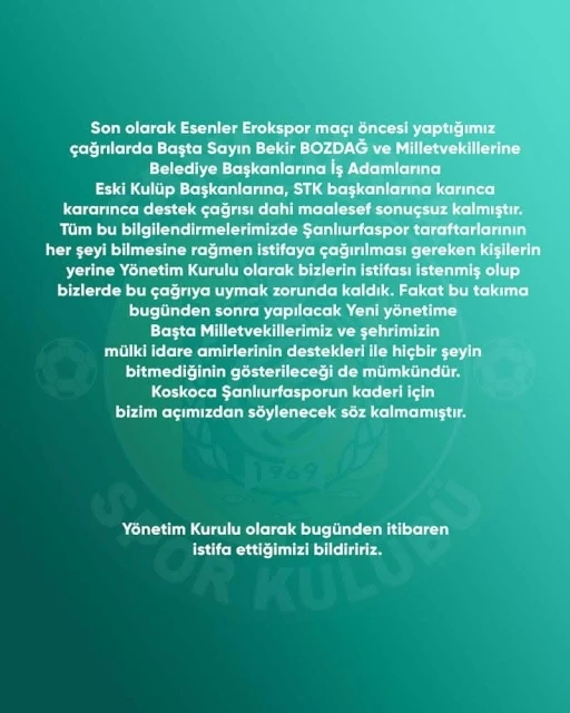 Şanlıurfaspor yönetimi istifa etti
