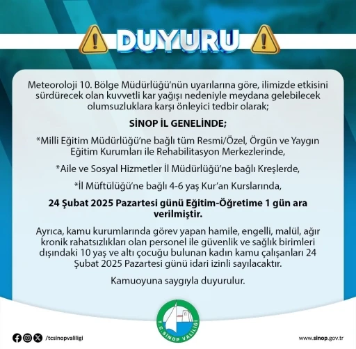 Sinop’ta eğitime kar engeli
