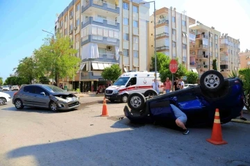 Takla atan araçtan burnu bile kanamadan çıktılar
