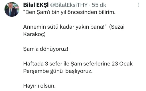 THY Şam seferleri başlıyor
