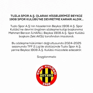 Tuzlaspor, hisselerini Beykoz 1908 SK’ya devrettiğini açıkladı
