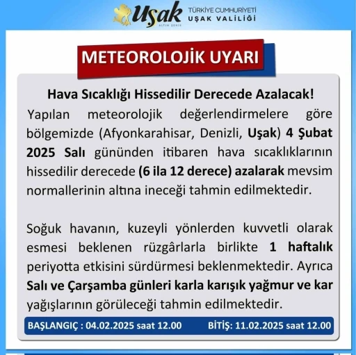 Uşak Valiliğinden soğuk hava uyarısı
